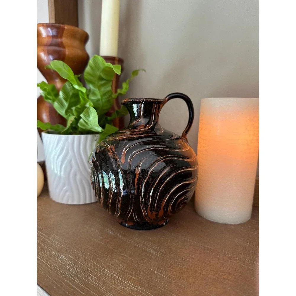 Handcrafted Studio Pottery Jug - Signed AEY Rustic MCM Swirl Glaze Pitcher
